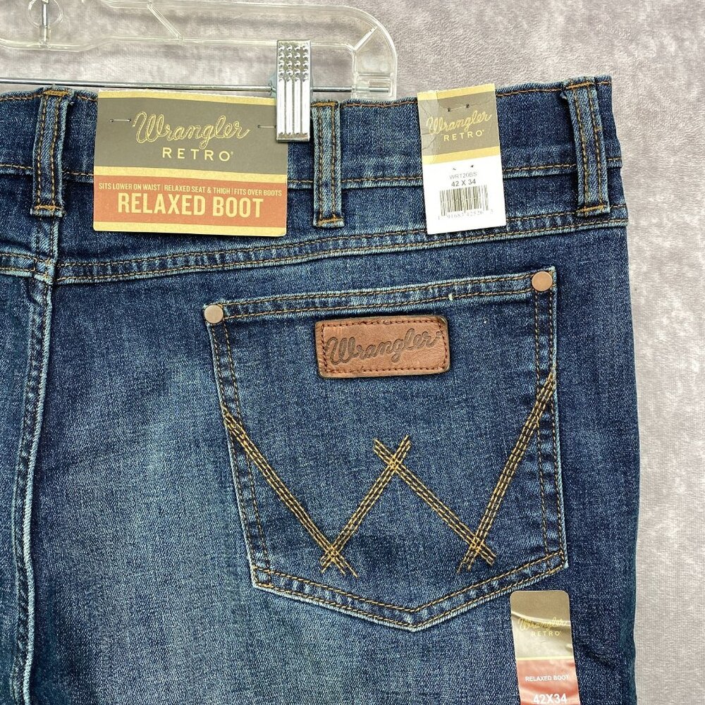 Wrangler Retro  Relaxed Boot Cut Jeans Mens 42x34 Blue Dark Faded Wash New NWT - Picture 7 of 13